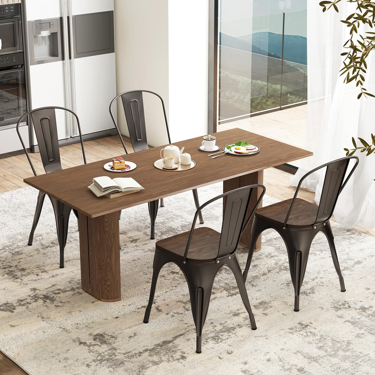 Goflame Metal Dining Chairs Set of 4, Stackable Kitchen Chairs with Wood Seat & Removable Backrest