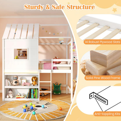 Goflame Twin Size Loft Bed with LED Lights Roof Window and Storage Bookshelf