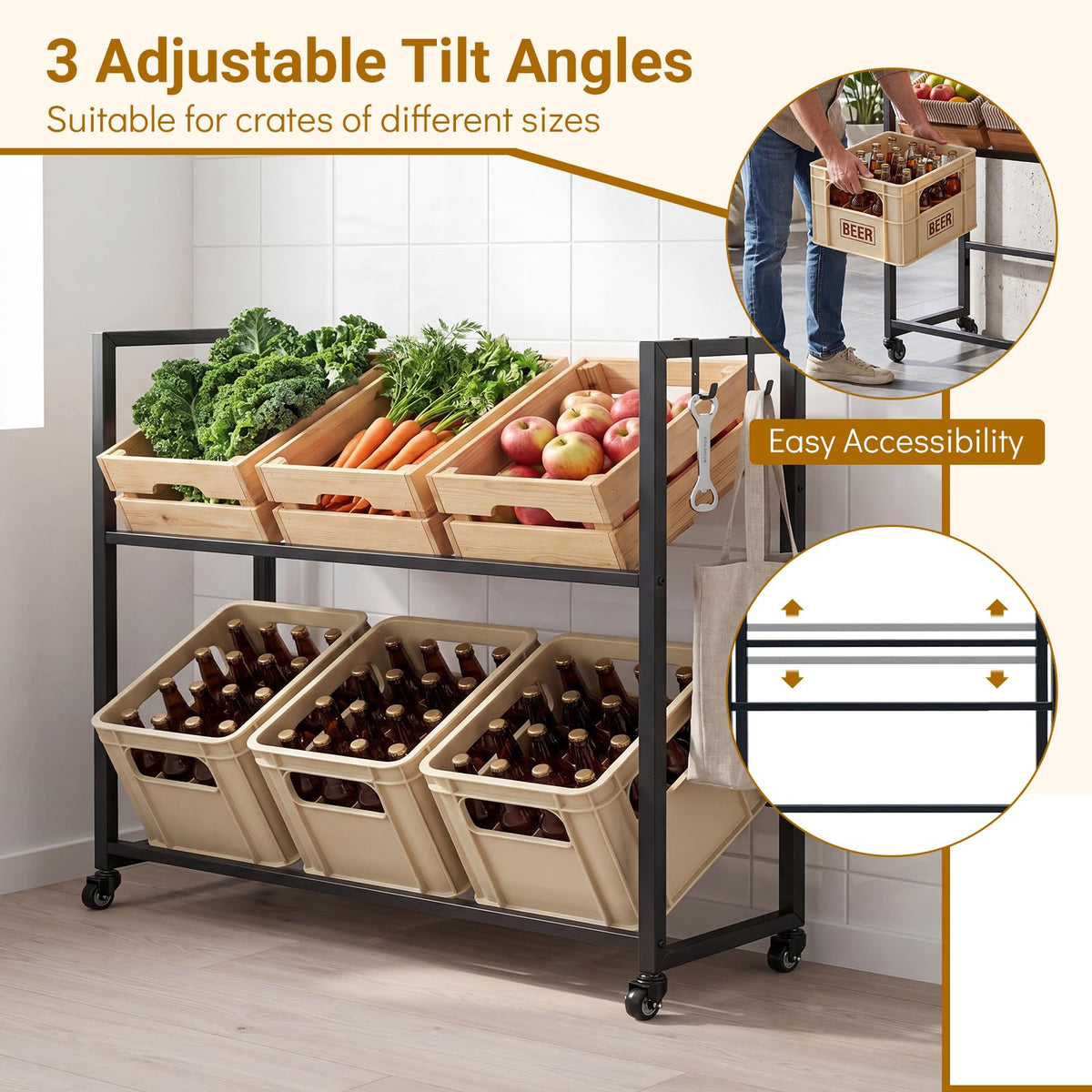 Goflame 2-Tier Drink Crate Rack with 4 Universal Wheels