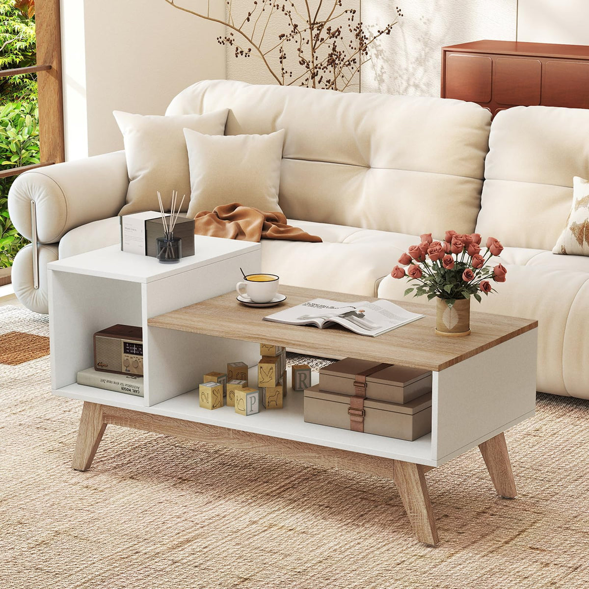 Goflame 2-Tier Coffee Table with Storage Mid Century Modern Center Table