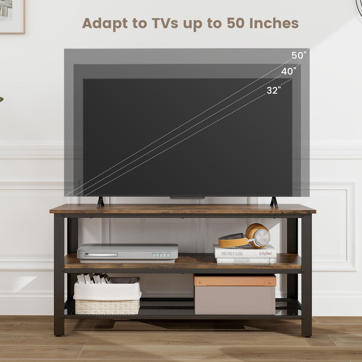 Goflame TV Stand for Bedroom and Living Room - 3-Tier Industrial Entertainment Center with Open Storage Shelves