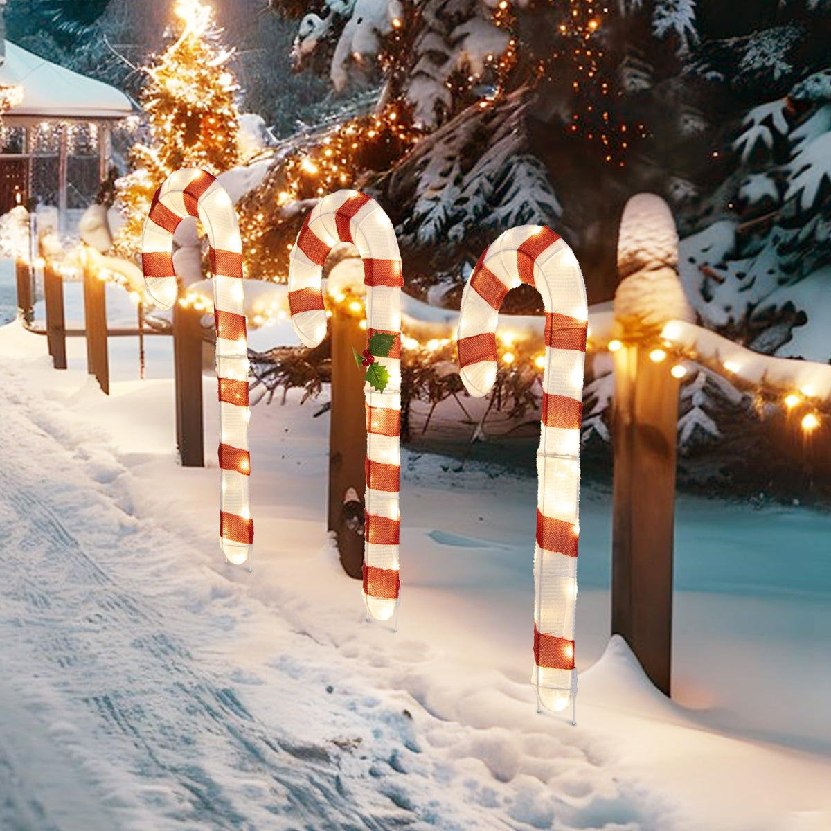 Goflame Lighted Candy Canes, Set of 3 Christmas Tinsel Candy Cane Decoration with 75 Warm White LED Lights