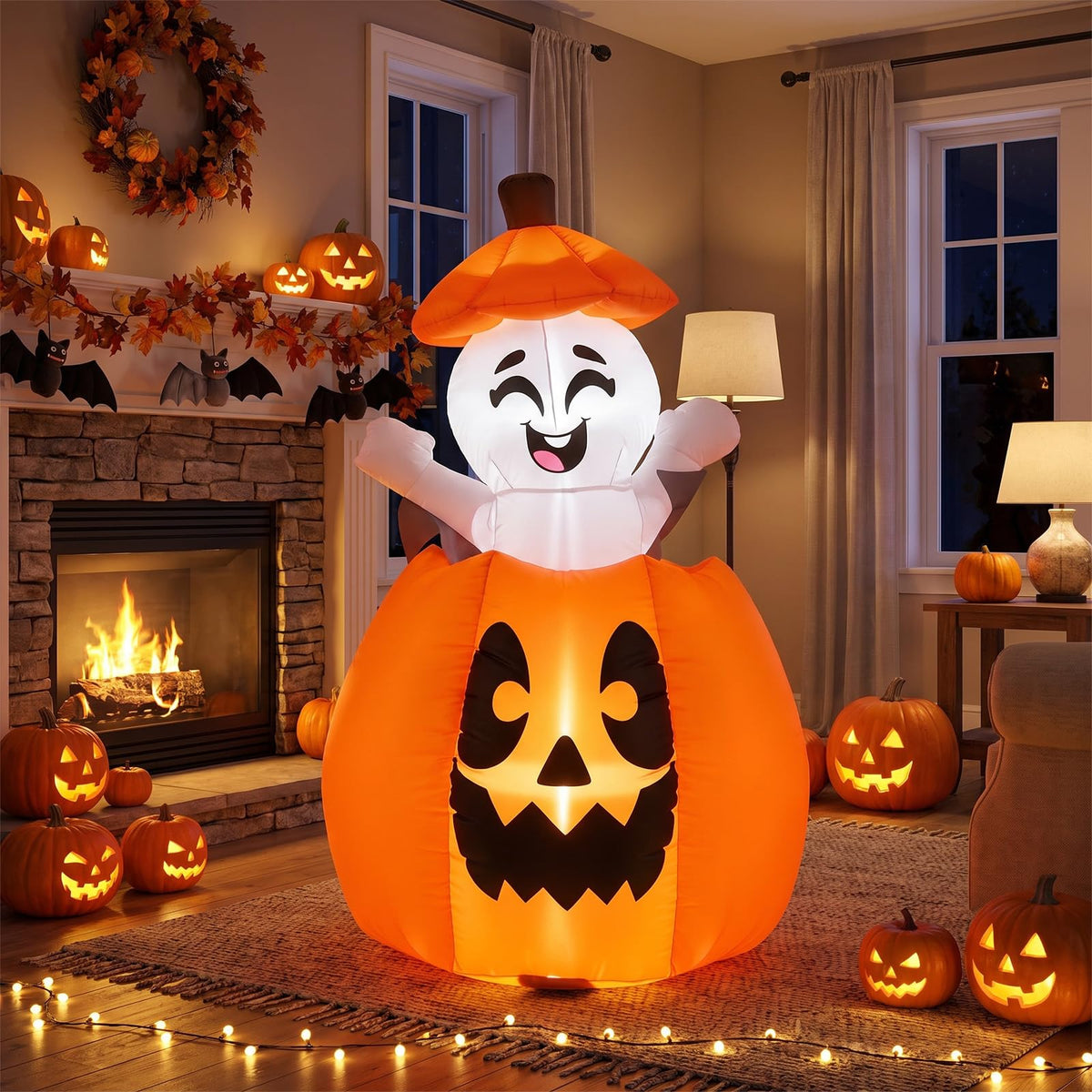 5 FT/150 CM Animated Halloween Inflatable Pumpkin and Rising Ghost