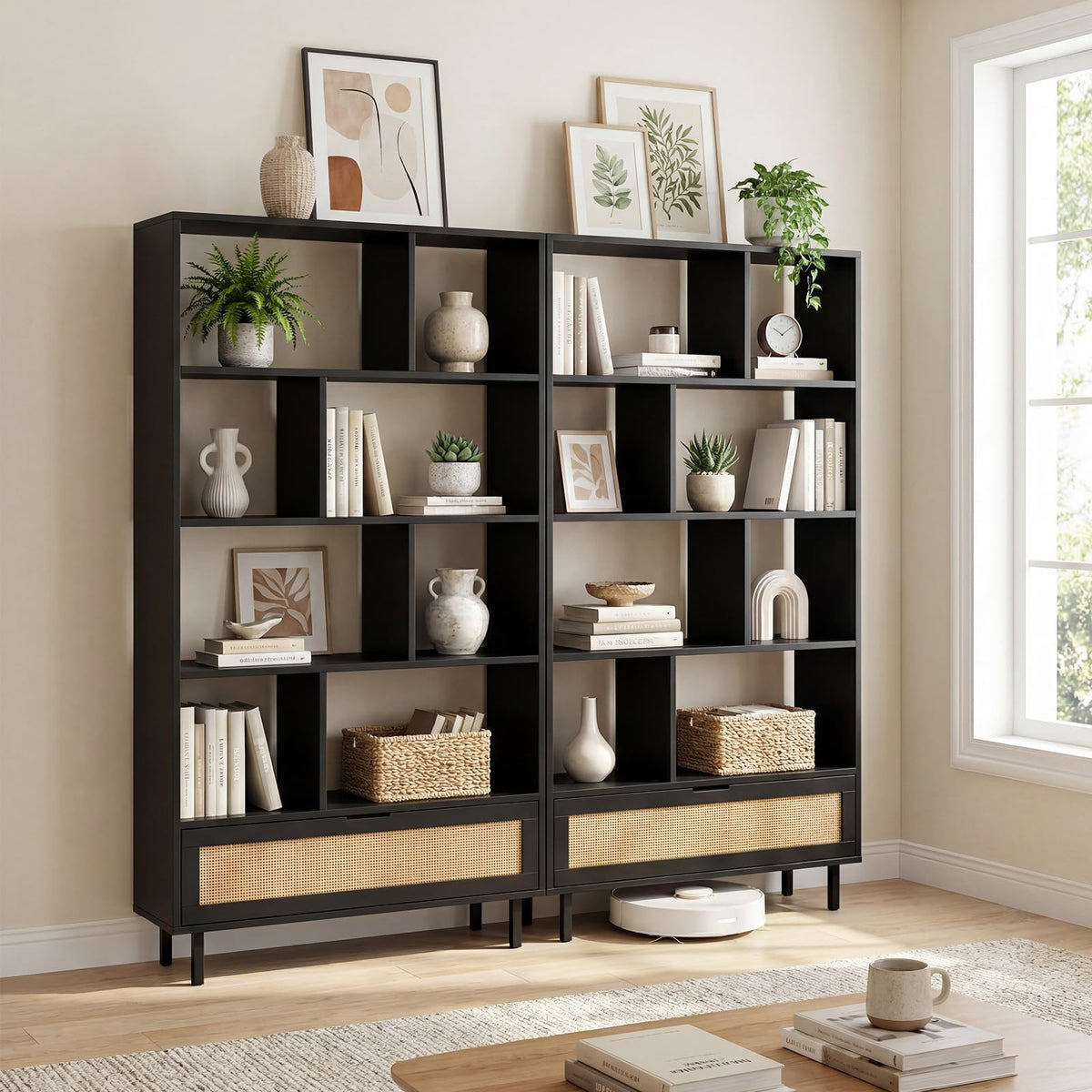 Goflame 64" Tall 6-Tier Wood Bookshelf with Rattan Drawer