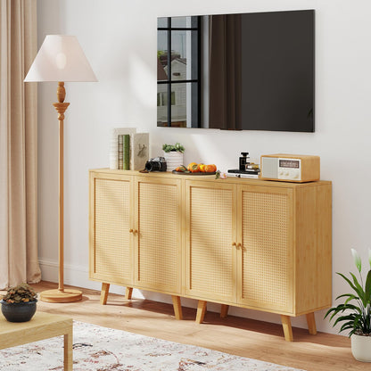 Goflame 2 Tier Bamboo Sideboard with PE Rattan Decorated Doors