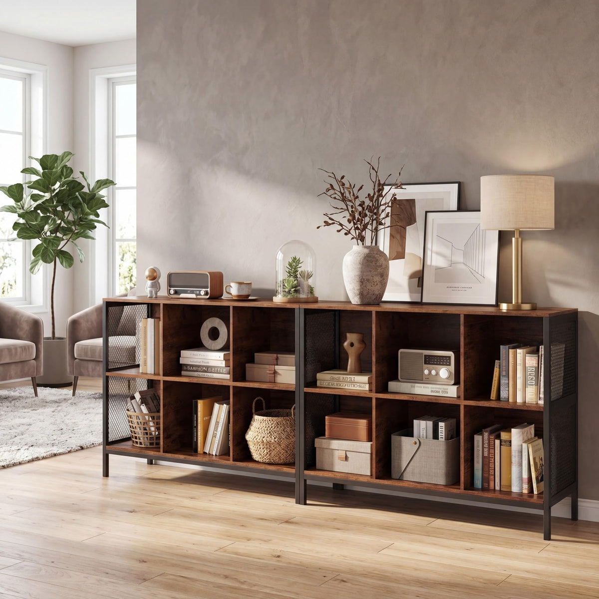 Goflame Industrial Accent 42" Wide Bookcase with 6 Cubes