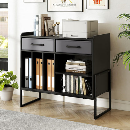 Goflame Large Record Player Stand with Charging Station Mid Century Modern Vinyl Storage Cabinet