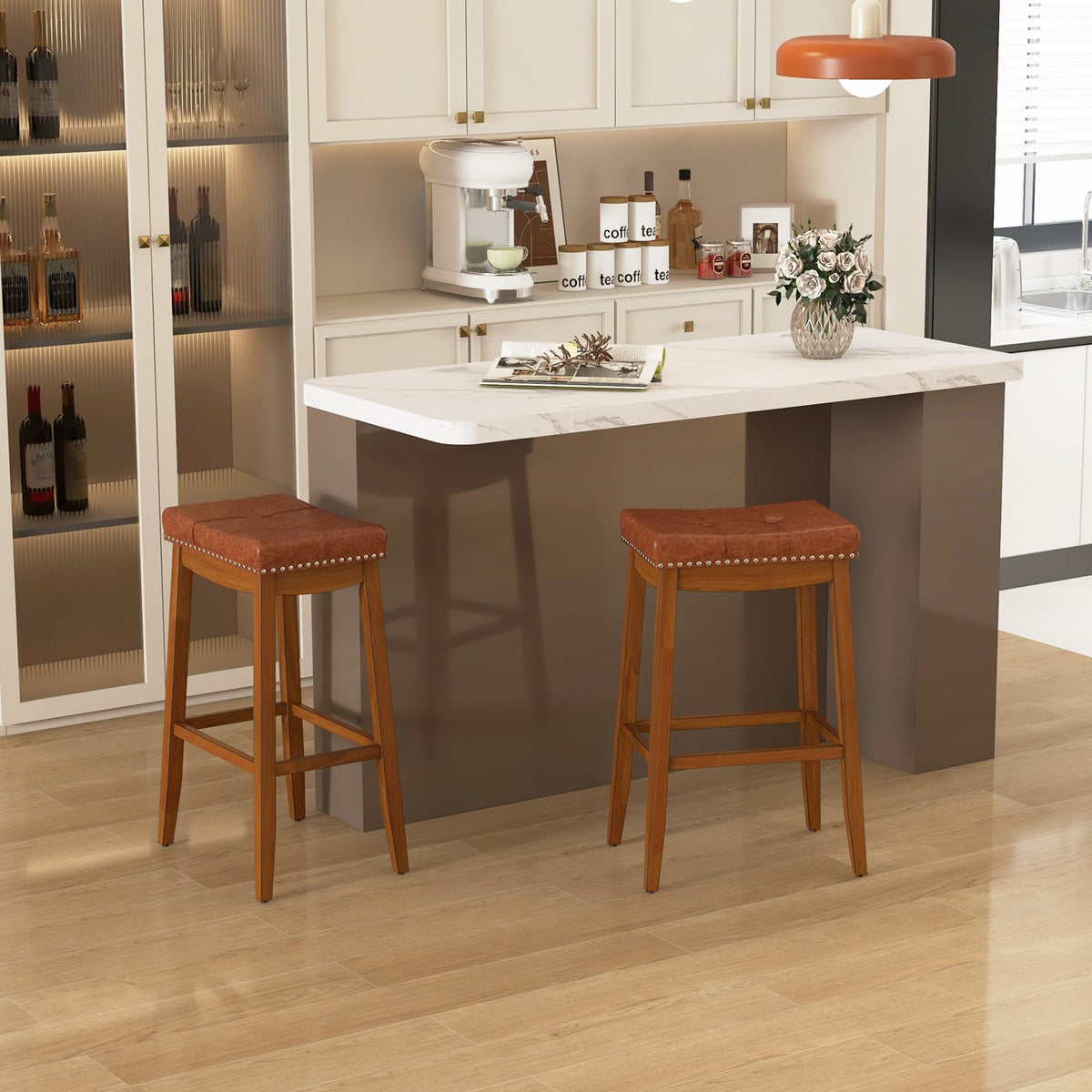 Goflame Bar Stools Set, 29" Counter Height Bar Stools w/Saddle Seat, Footrest, Rivet, Button Tufted, Rubber Wood Frame