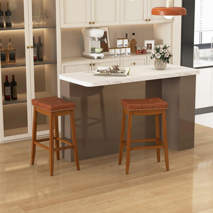Goflame Bar Stools Set, 29" Counter Height Bar Stools w/Saddle Seat, Footrest, Rivet, Button Tufted, Rubber Wood Frame