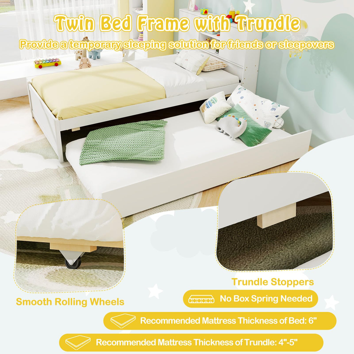 Goflame White Twin Size Bed Frame with Trundle and Bookcase Headboard