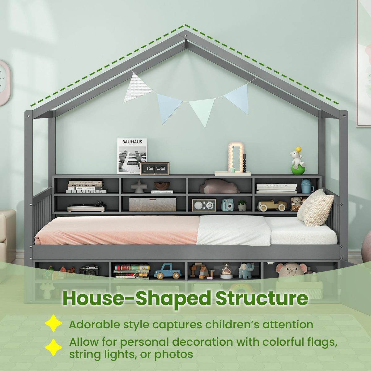 Goflame Twin Size House Bed with Storage, Wooden Montessori House Bed with 14 Storage Cubes