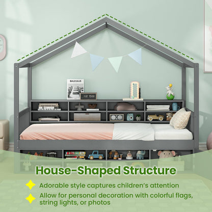 Goflame Twin Size House Bed with Storage, Wooden Montessori House Bed with 14 Storage Cubes