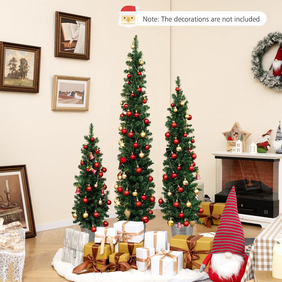 Goflame 3' 4' 5' Pre-Lit Artificial Christmas Tree Set of 3, Slim Pencil Potted Xmas Tree with 423 Branch Tips, 230 Warm White LED Lights