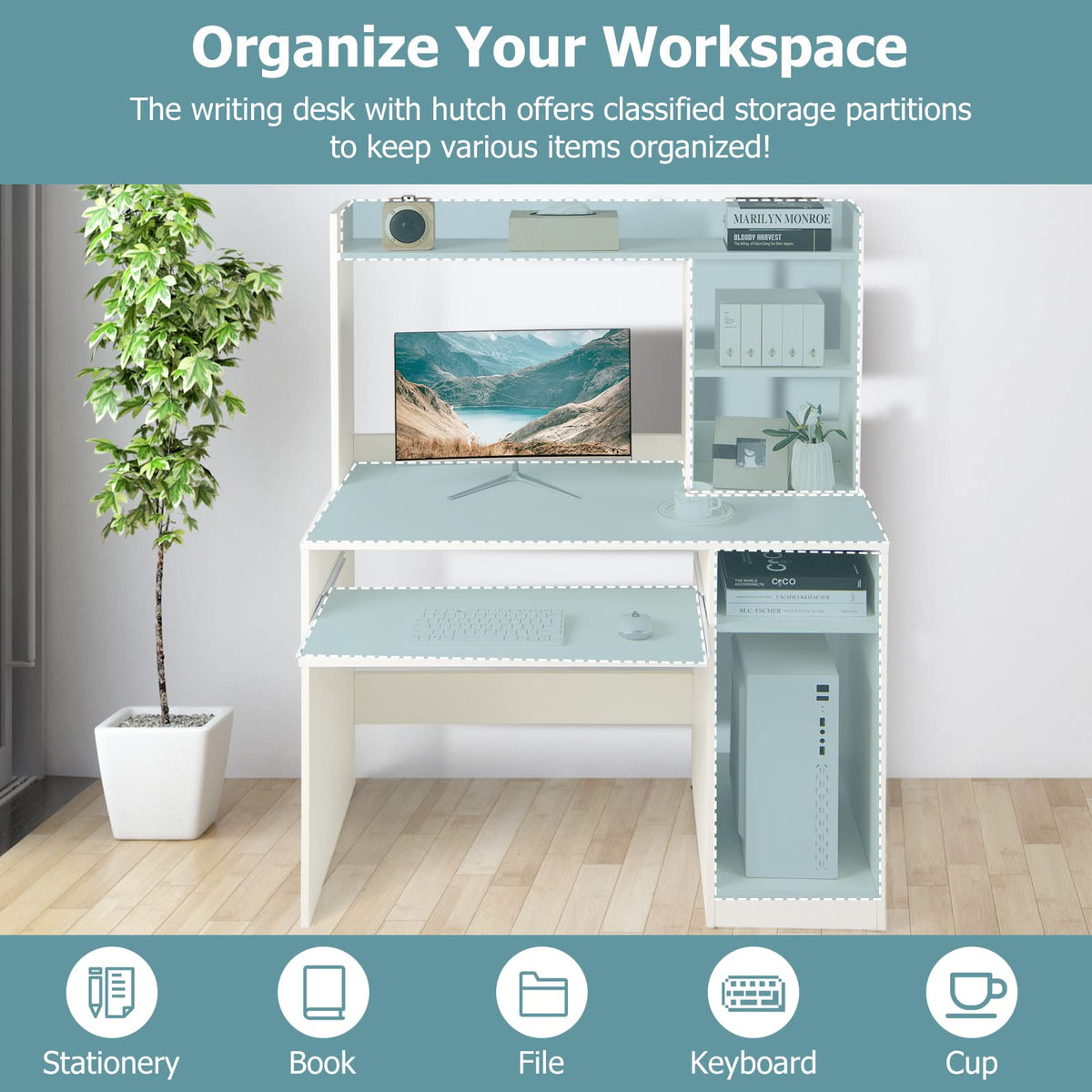 Goflame White Computer Desk with Hutch and Bookshelf