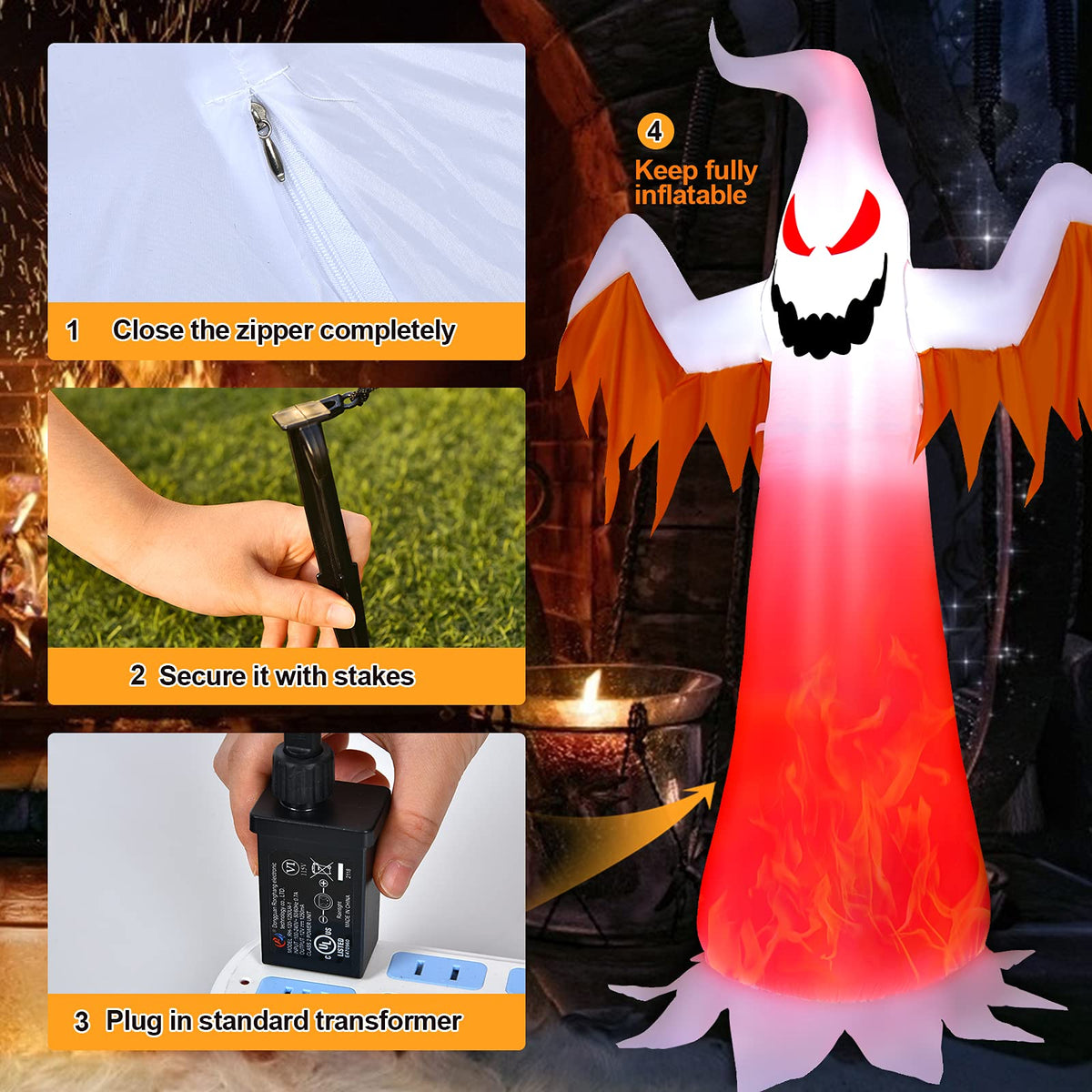 8 FT Halloween Inflatable White Ghost W/ Rotatable Flame LED Lights, Air Blower, Stake, Sandbag