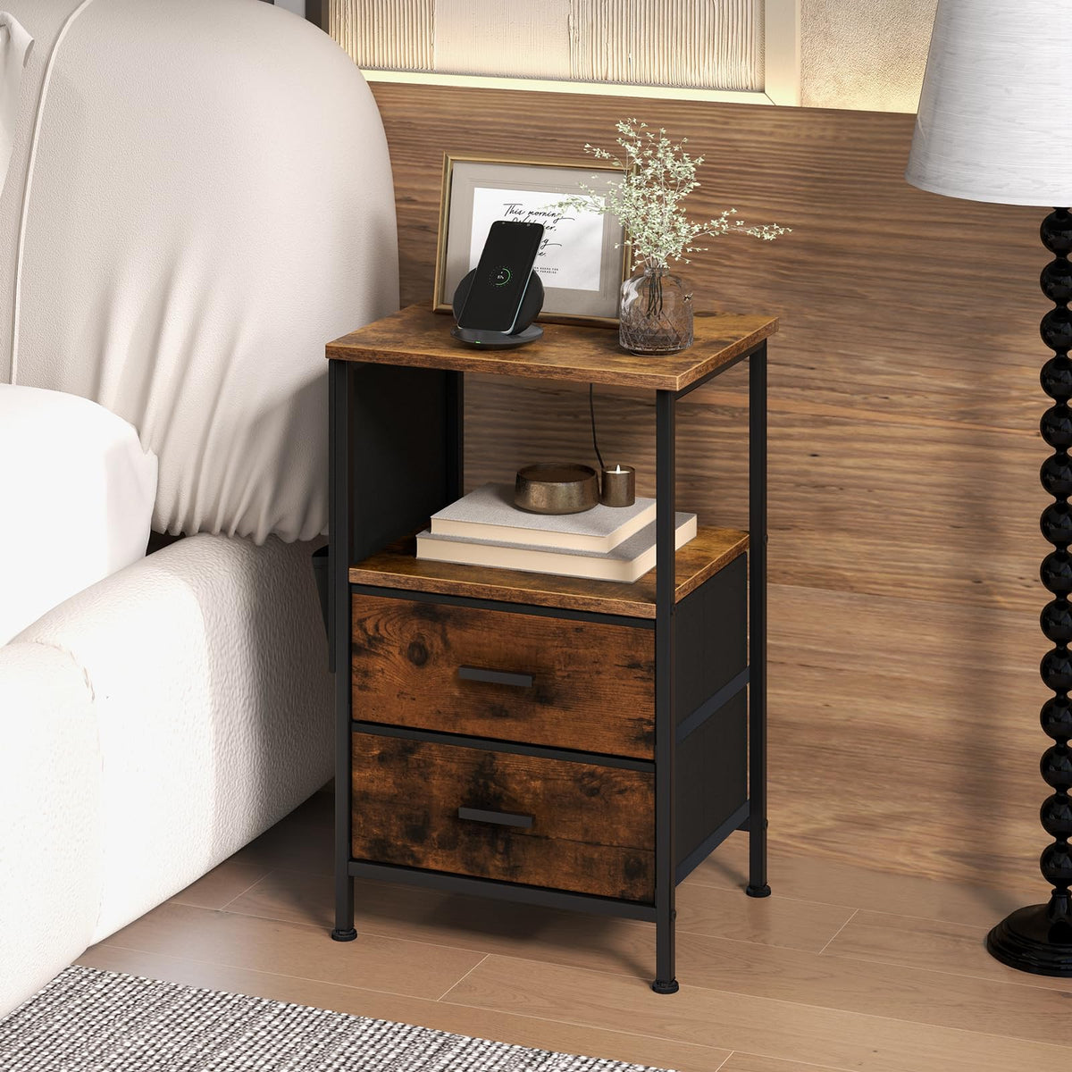 Goflame Nightstand with Charging Station, Industrial Bedside Table with 2 Fabric Drawers & 6 Storage Pockets