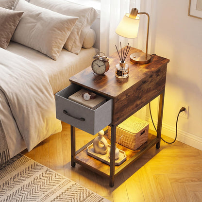 Goflame Narrow Side Table with Charging Station and LED Lights Industrial End Table