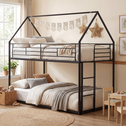 Goflame House-Shaped Twin Over Twin Metal Bunk Bed