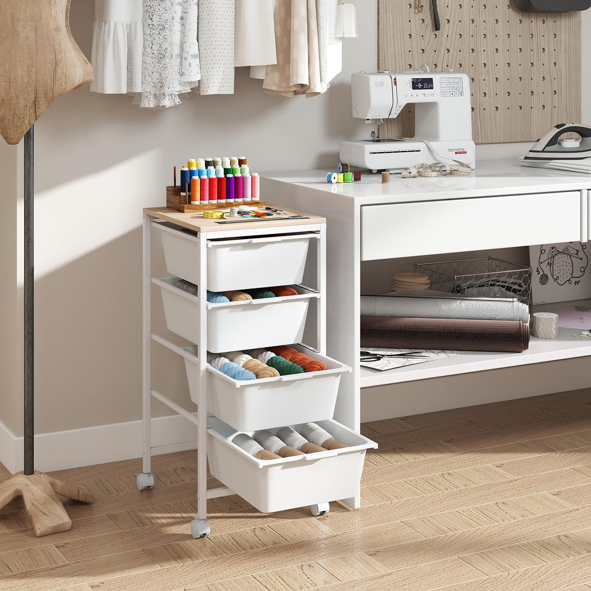 Goflame 4-Drawer Rolling Storage Cart Mobile Utility Organizer with Wooden Tabletop and Lockable Wheels