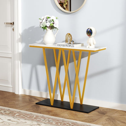 Goflame Gold Entryway Table 40 Inch Modern Console Table with Faux Marble Table and Metal Frame