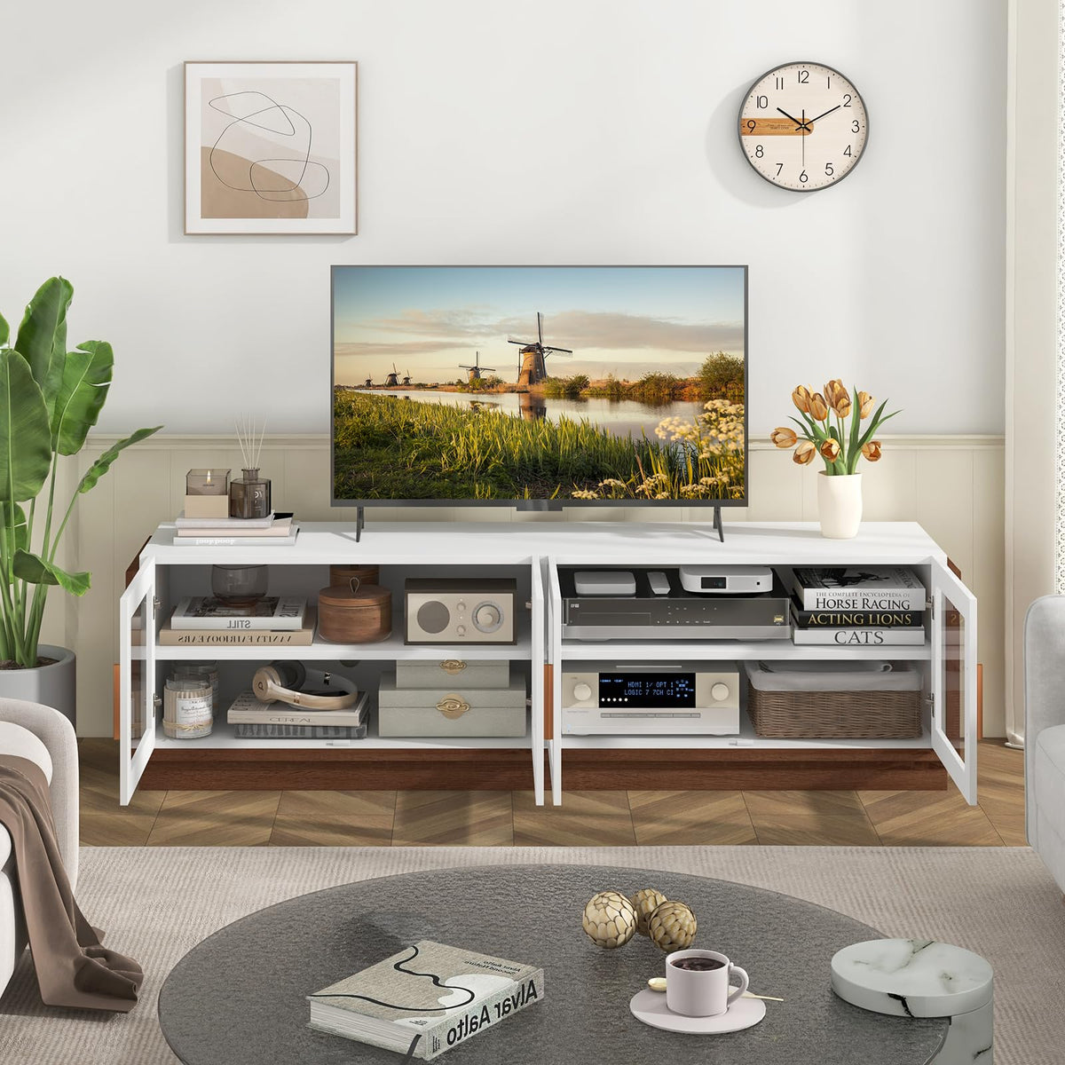 Goflame Large TV Stand for TVs up to 75”, Entertainment Center with 4 Tempered Glass Doors