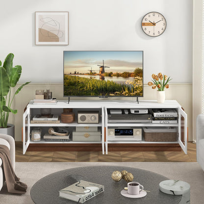Goflame Large TV Stand for TVs up to 75”, Entertainment Center with 4 Tempered Glass Doors