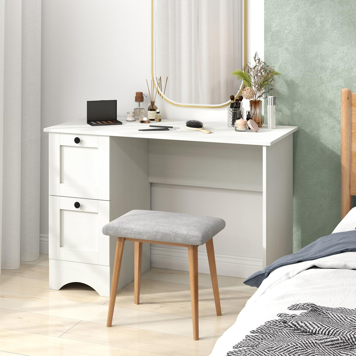 Goflame White Desk with 2 Drawers, 43” Wooden Home Office Desk with Charging Station