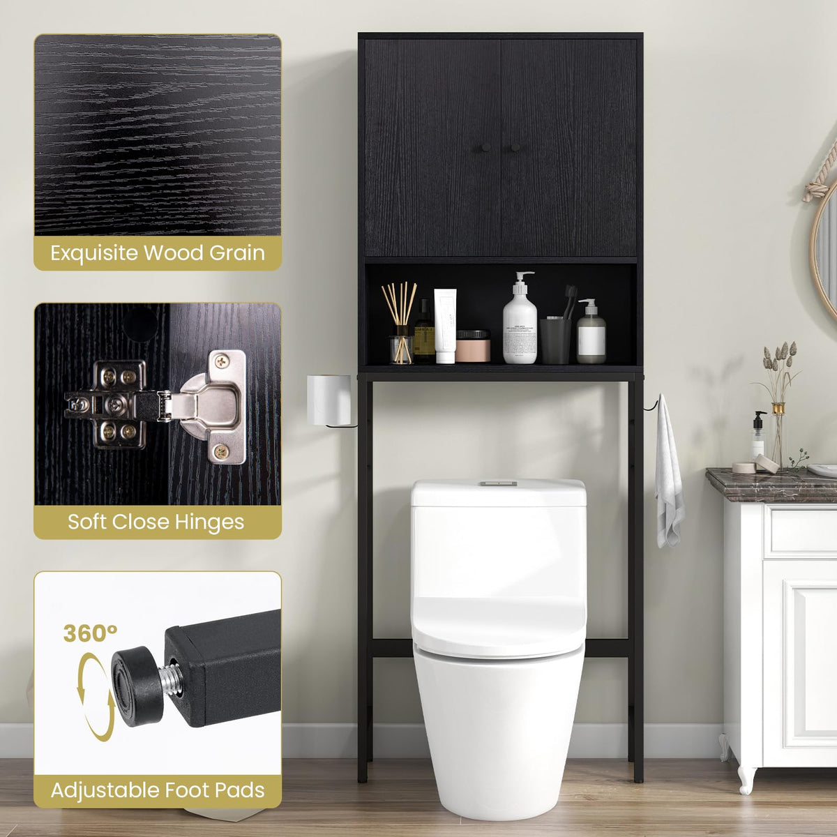 Goflame Over The Toilet Storage Cabinet - Toilet Shelf Rack with Anti-Tip Device