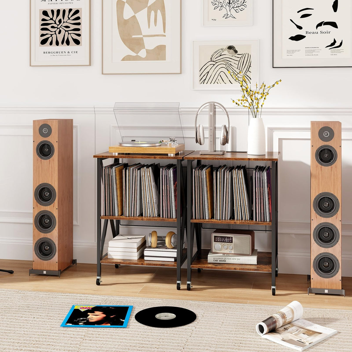 Goflame Record Player Stand with Charging Station, Turntable Stand with Record Storage & 4 Rolling Wheels
