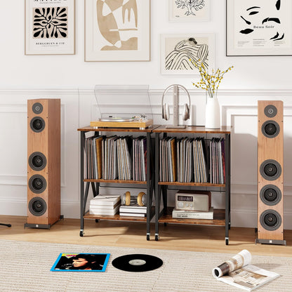 Goflame Record Player Stand with Charging Station, Turntable Stand with Record Storage & 4 Rolling Wheels