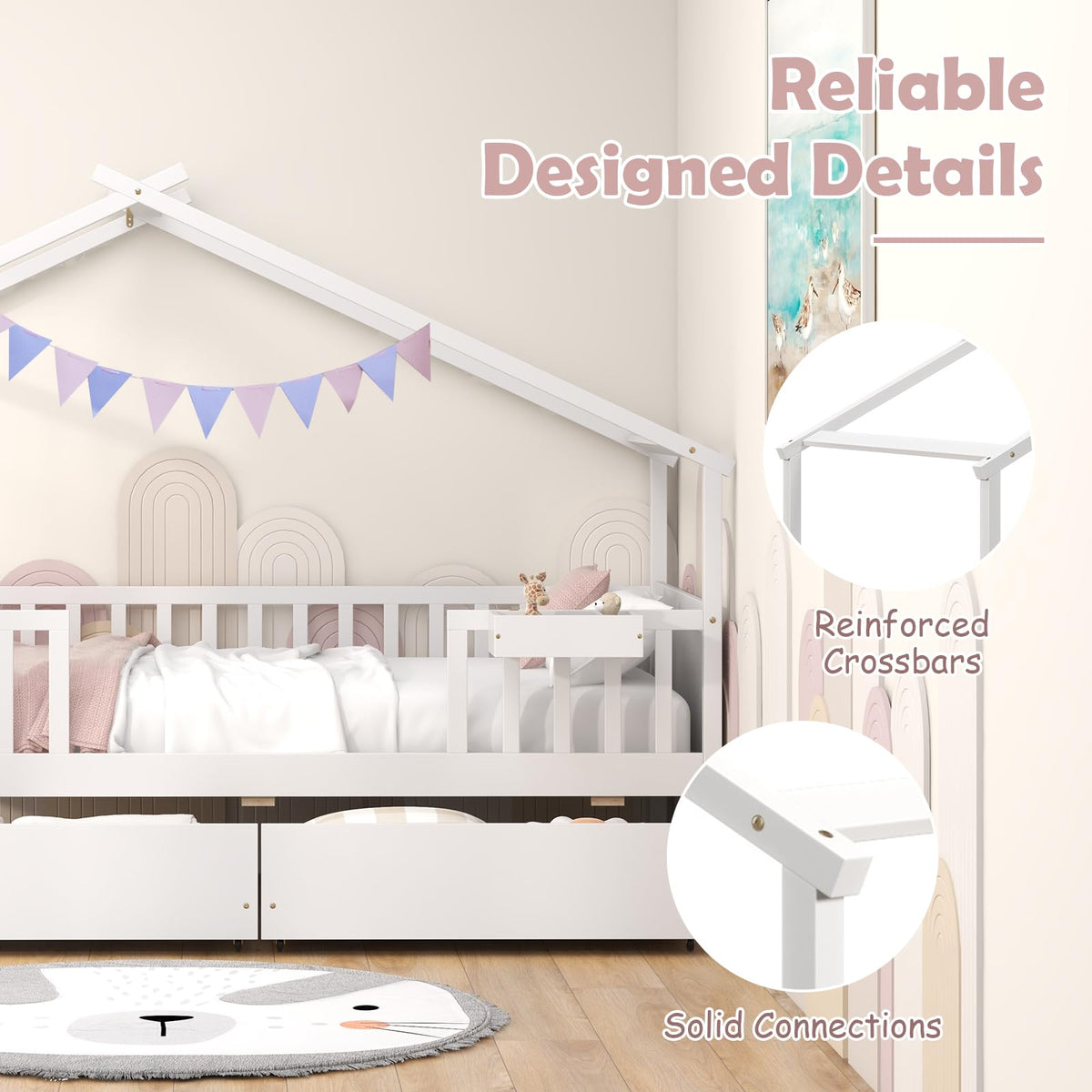 Goflame Twin House Bed with Drawers, Wooden Twin Bed Frame with Cube Storage & Fence Rails