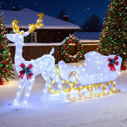 Goflame Lighted Christmas Reindeer and Sleigh w/ 215 LED Lights