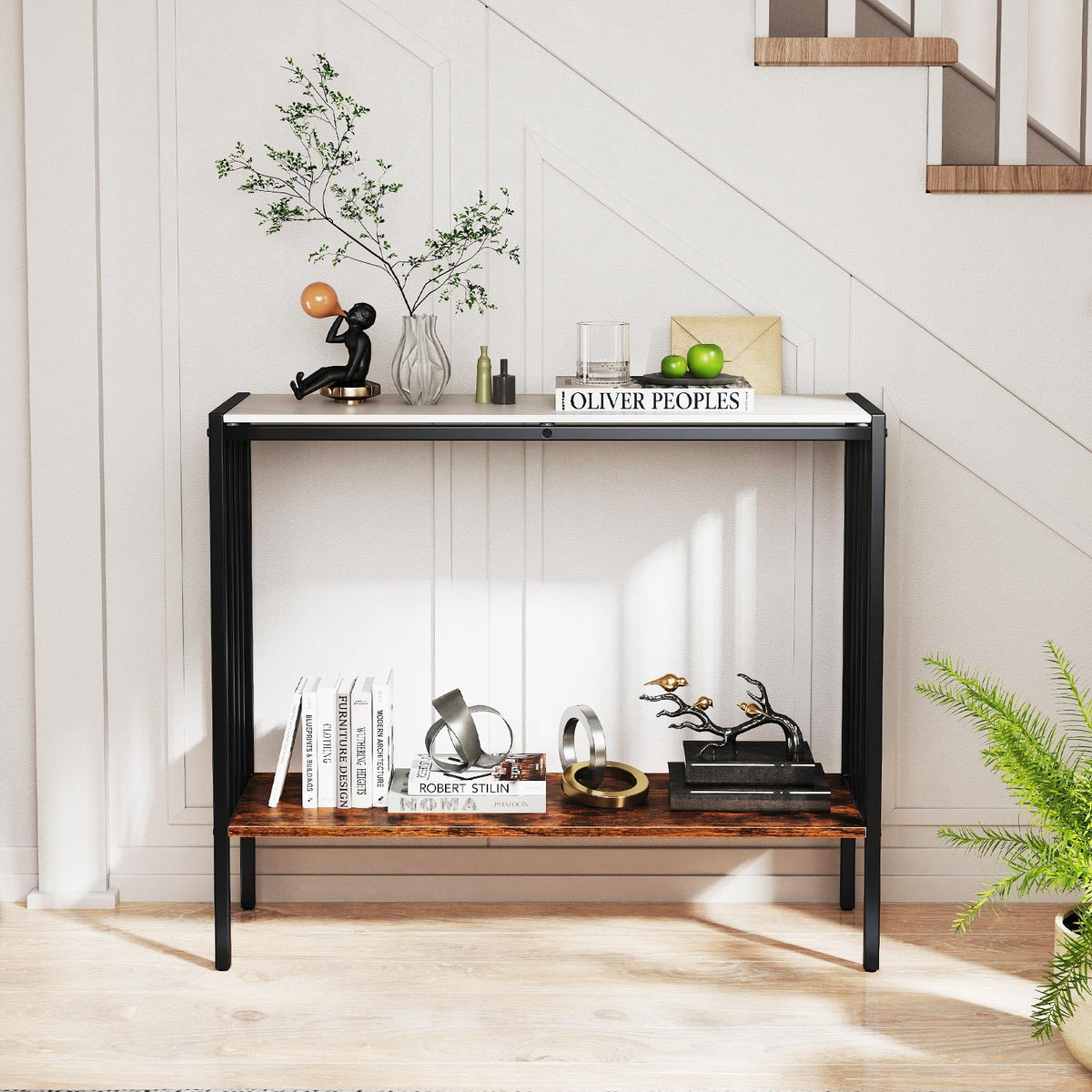 Goflame 2 Tier Industrial Entryway Table with Sintered Stone Tabletop and Open Shelf