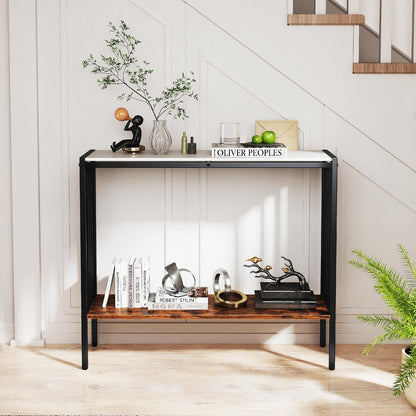Goflame 2 Tier Industrial Entryway Table with Sintered Stone Tabletop and Open Shelf