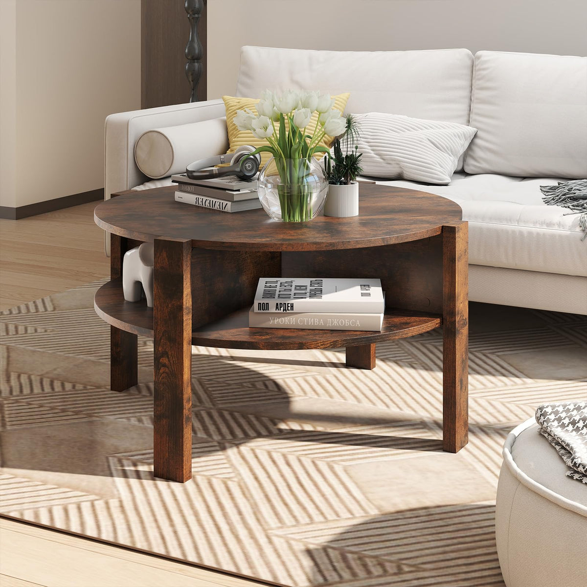 Goflame Round Coffee Table with Storage Shelves