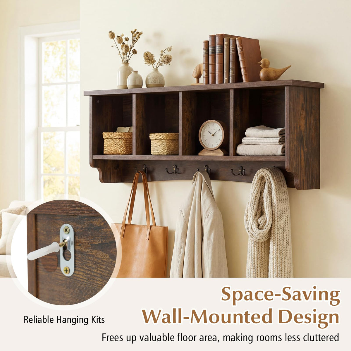 Goflame Wall Mounted Coat Rack with 4 Cubbies & 5 Double Hooks