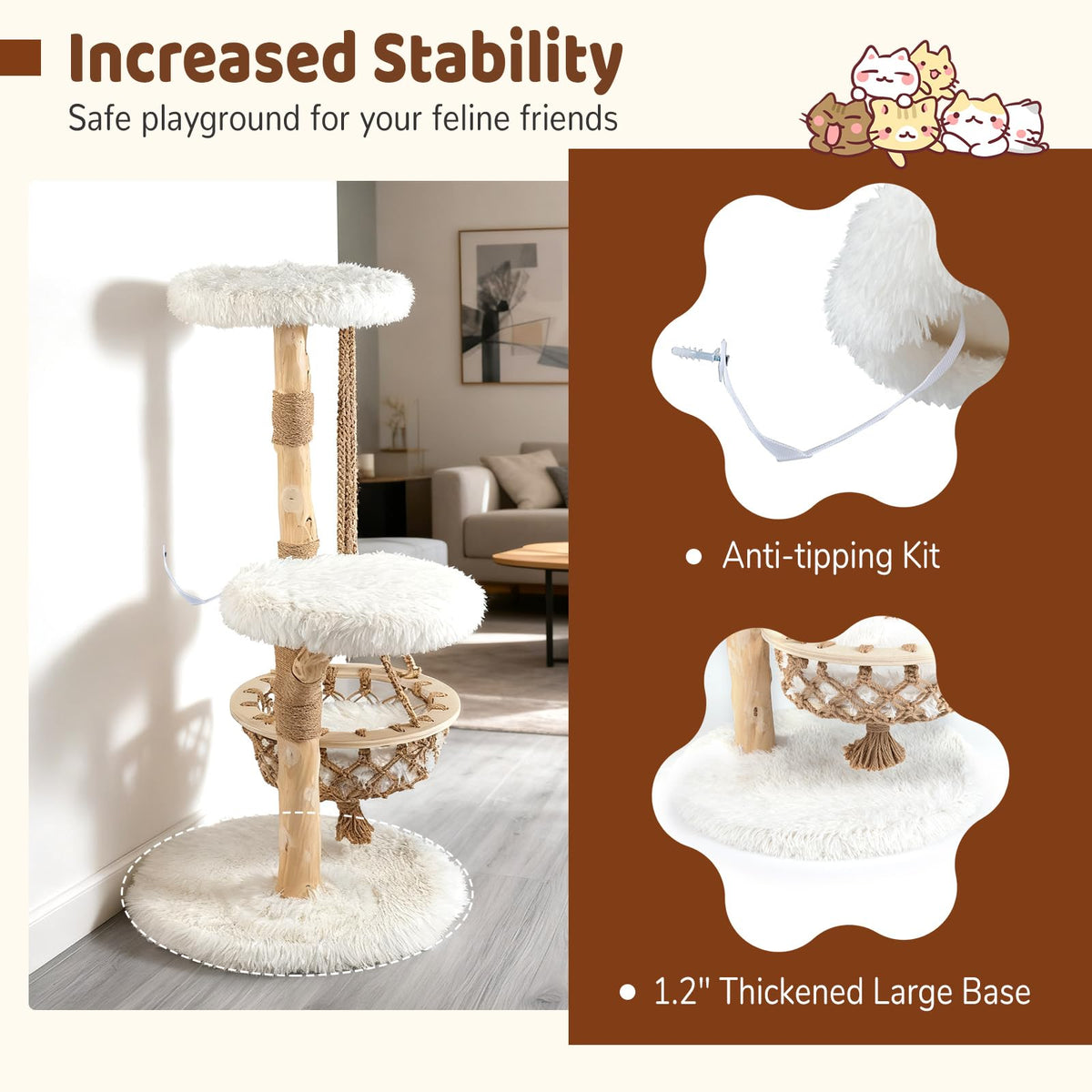 48.5" Solid Wood Cat Tree, Natural Branch Modern Kitten Tower w/ Hanging Cradle, Jute Scratching Post, Perch, Padded Platform, Soft Plush, Luxury Condo, 4-Tier Indoor Cat Climbing Furniture