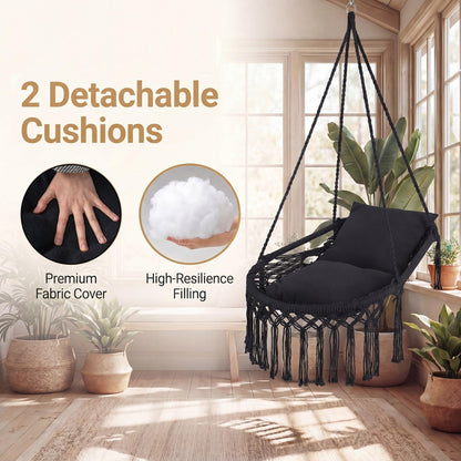Goflame Macrame Hammock Chair w/Removable Cushions & Sturdy Metal Ring