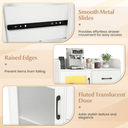 Goflame RGB LED Buffet Sideboard | White Kitchen Storage Cabinet with Charging Station
