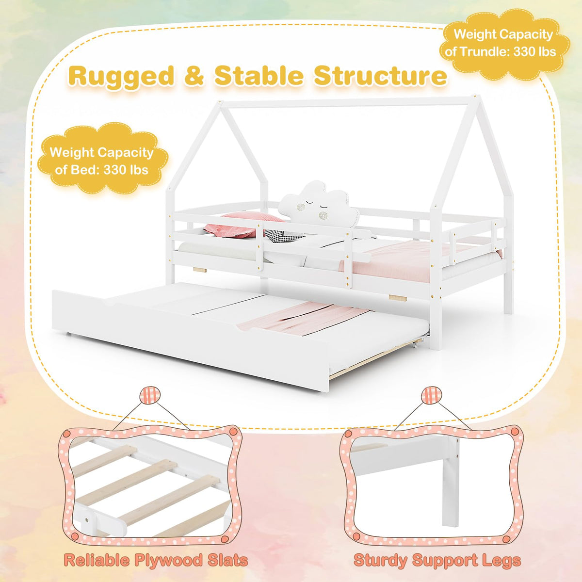 Goflame Twin House Bed with Trundle, Wood Kids Bed Frame with Roof & Fence Rails