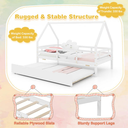 Goflame Twin House Bed with Trundle, Wood Kids Bed Frame with Roof & Fence Rails