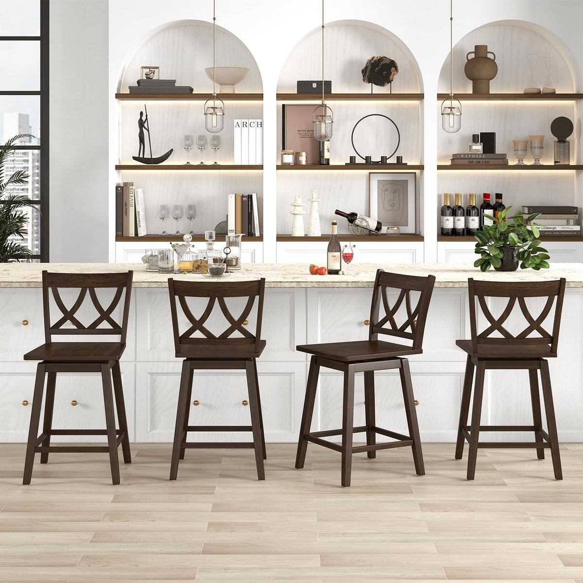 Goflame 24" Bar Stools Set of 2/4, Swivel Wooden Bar Chairs with Rubber Wood Frame, Dark Grey