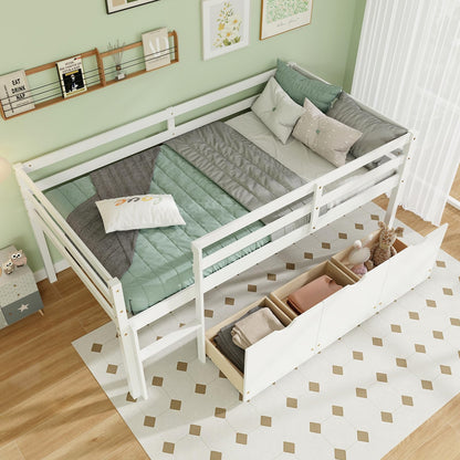 Goflame Twin Low Loft Bed with 3 Drawers, Wooden Loft Bed Frame with Ladder & Full-length Guardrails