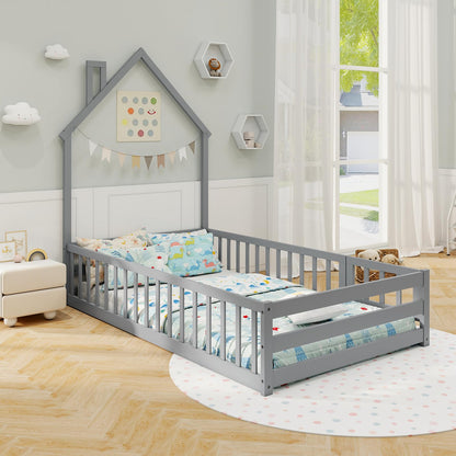 Goflame Twin Floor Bed, House-Shaped Montessori Bed Frame with Headboard, Full-Length Guardrail