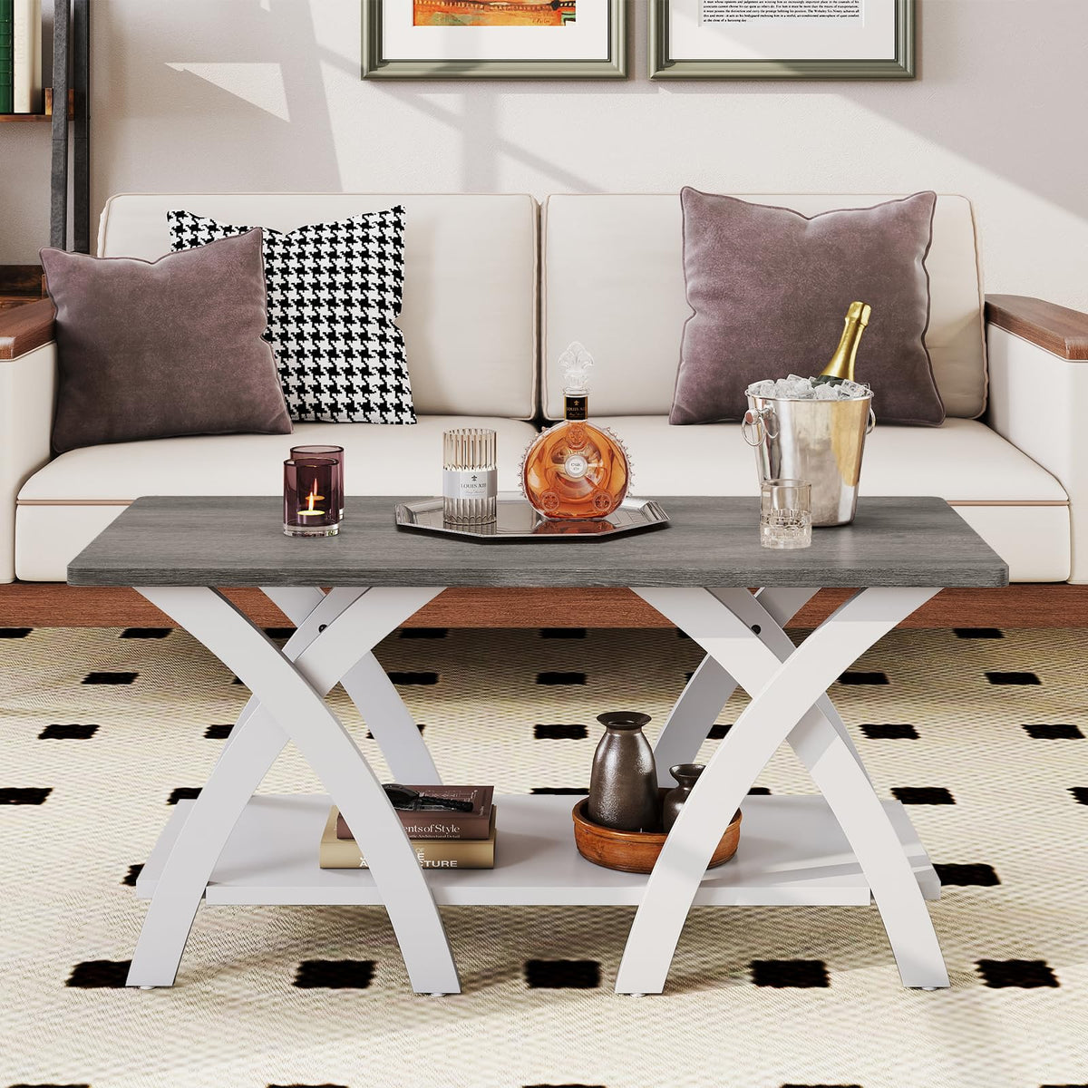 Goflame Farmhouse Coffee Table 2-Tier Wood Center Table with Storage Shelf & X-Shaped Support Legs