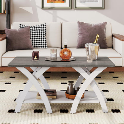 Goflame Farmhouse Coffee Table 2-Tier Wood Center Table with Storage Shelf & X-Shaped Support Legs