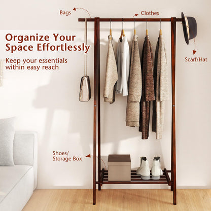 Goflame Folding Rubber Wood Clothes Hanging Rack Standing Garment Rack with Bottom Storage Shelf