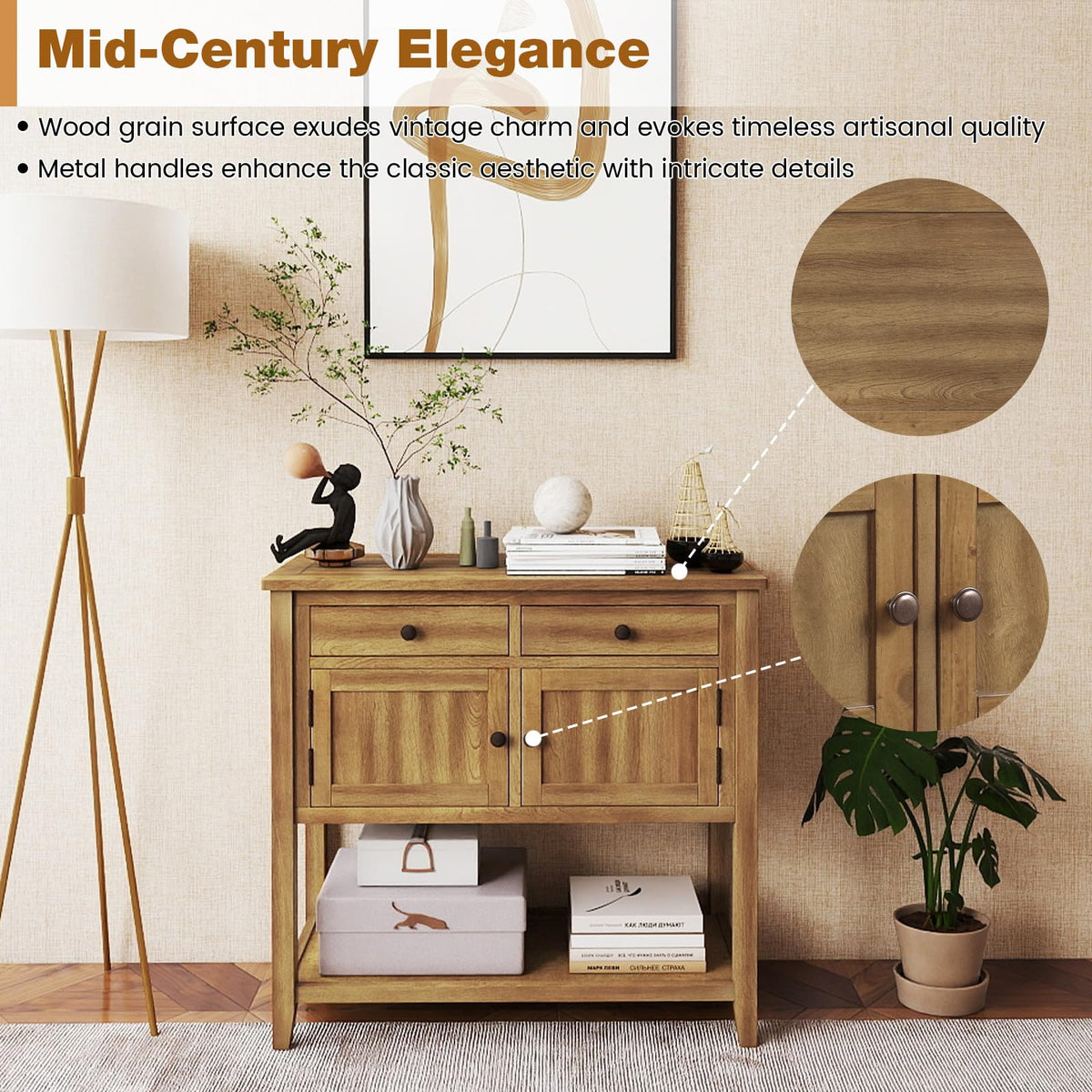 Goflame Mid-Century Console Table Wood Coffee Bar Buffet Sideboard with 2 Drawers