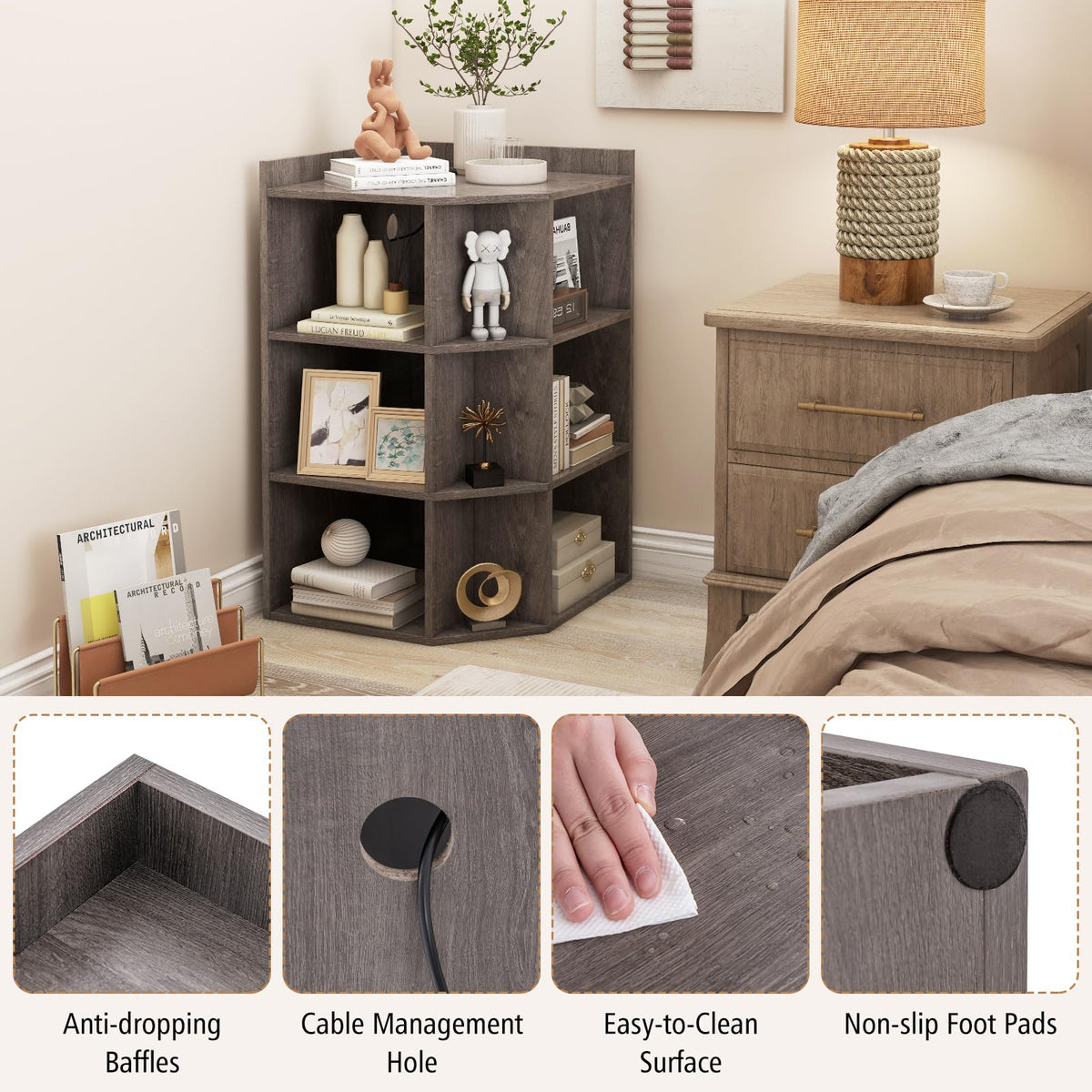 Goflame 3-Tier Corner Cabinet with Charging Station, Corner Shelf with 9 Cubbies, 2 USB Ports & 4 Outlets