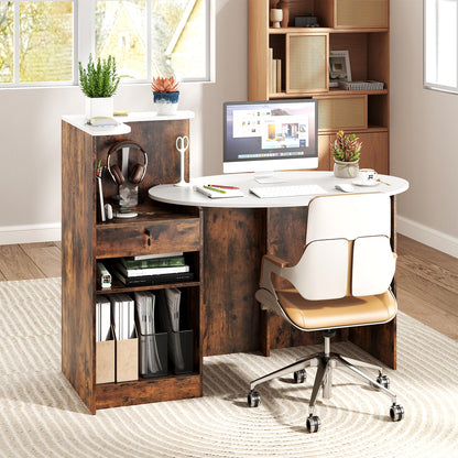 Goflame Reception Desk, Front Counter Desk with Lockable Drawer, Oval Tabletop & Adjustable Shelf